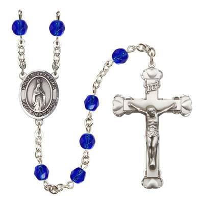Spanish Virgen de Fatimas Rosary with Pewter Heart Crucifix and Centerpiece, Birthstone 6mm Fire Polished Sapphire Beads for September, Bliss Manufacturing