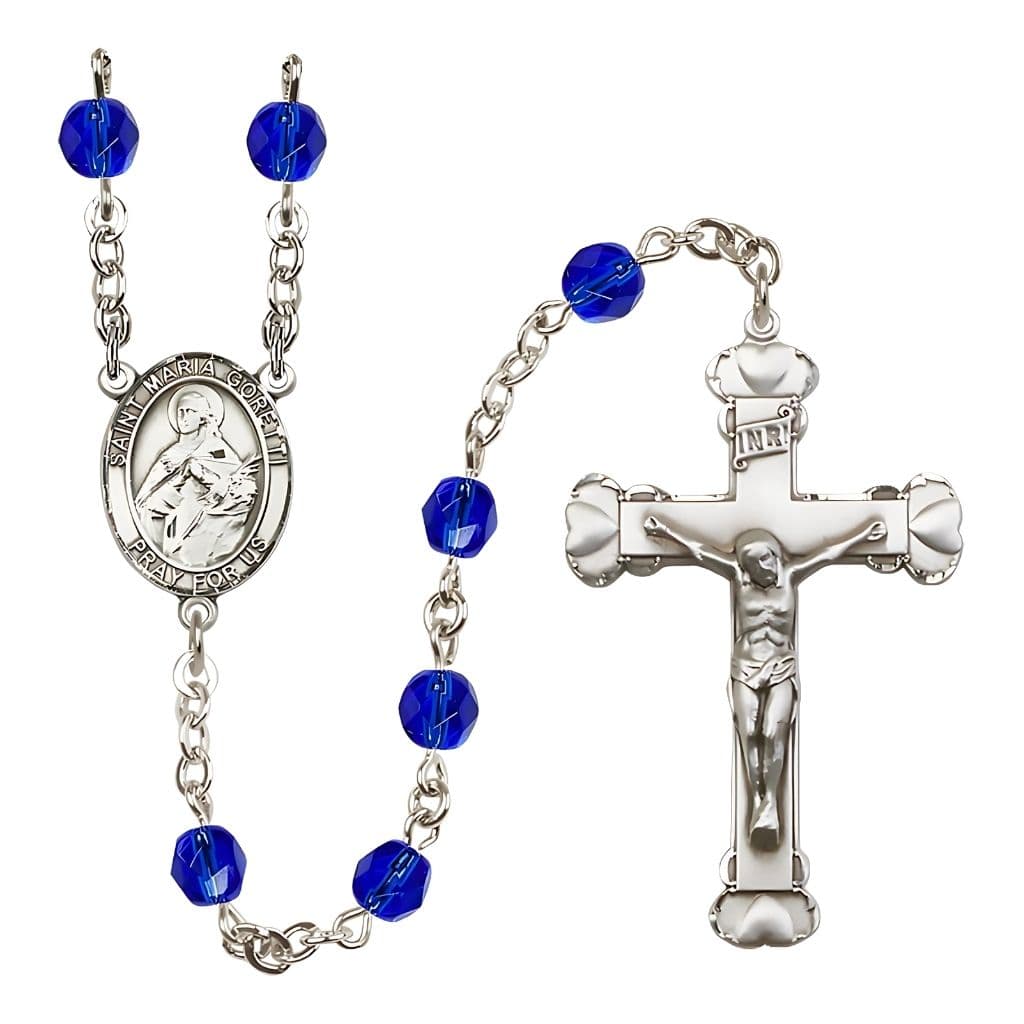 Bliss St. Maria Goretti Engraved Birthstone Fire Polished Rosary in Sapphire,