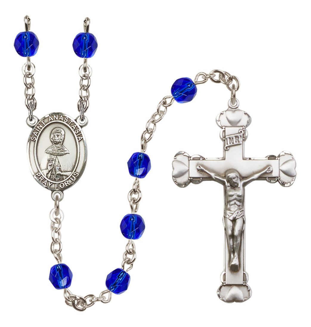 Bliss Silver-Plated Sapphire Crystal Saint Anastasia Birthstone Heart Rosary,