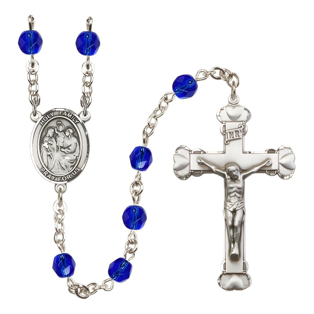 Bliss Holy Family Engravable Rosary with Pewter Heart Crucifix and Centerpiece, Birthstone 6mm Fire Polished Sapphire Beads for September