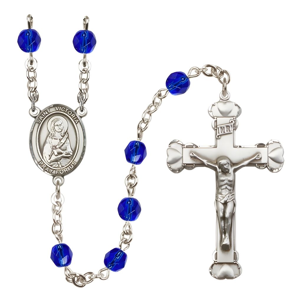 Bliss St. Victoria Rosary with Pewter Heart Crucifix and Centerpiece, Birthstone 6mm Fire Polished Sapphire Beads for September