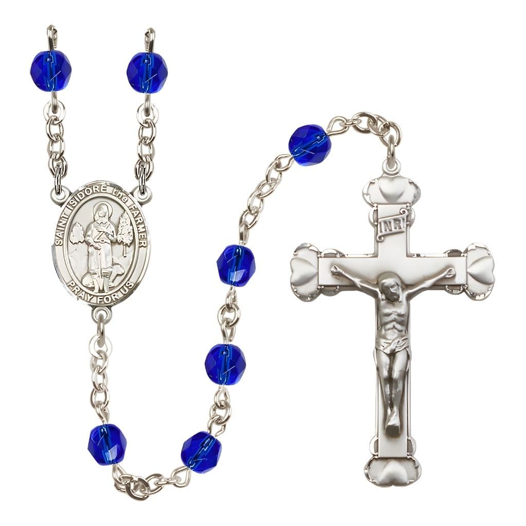 Bliss St. Isidore the Farmer Rosary with Pewter Heart Crucifix and Centerpiece, Birthstone 6mm Fire Polished Sapphire Beads for September
