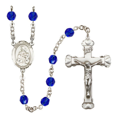 Sapphire Silver-Plated Crystal St Angela Merici Birthstone Heart Rosary, Bliss Manufacturing