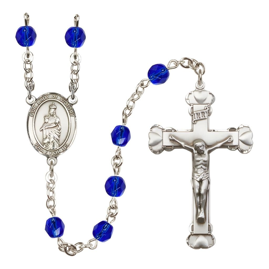 Bliss Our Lady of Victory September Birthstone Sapphire 6mm Fire Polished Silver-plated Engravable Heart Tip Rosary with Pewter Centerpiece and Crucifix