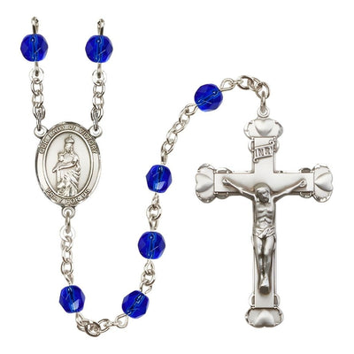 Our Lady of Victory September Birthstone Sapphire 6mm Fire Polished Silver-plated Engravable Heart Tip Rosary with Pewter Centerpiece and Crucifix, Bliss Manufacturing