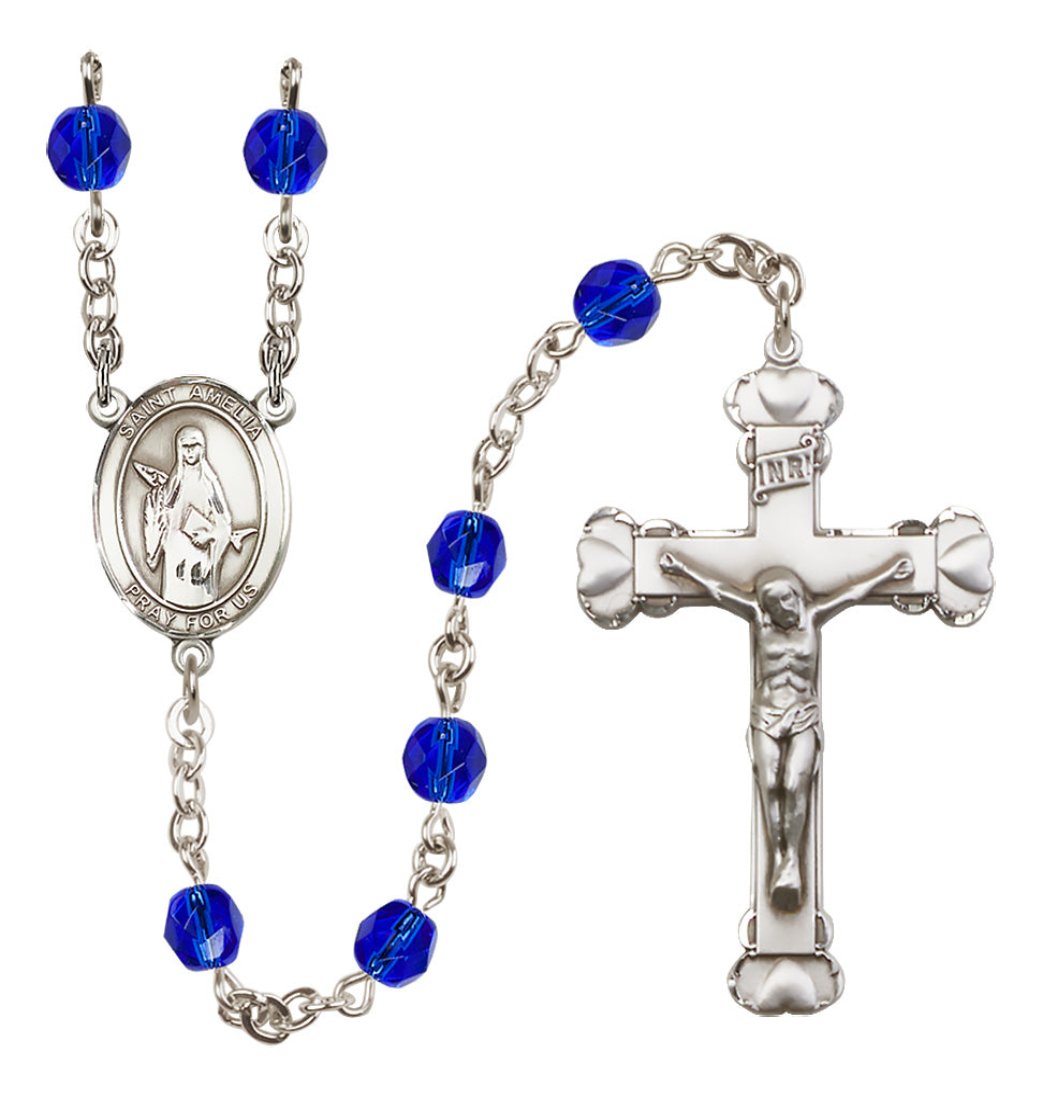 Bliss Silver-Plated Sapphire Crystal Saint Amelia Birthstone Heart Rosary,