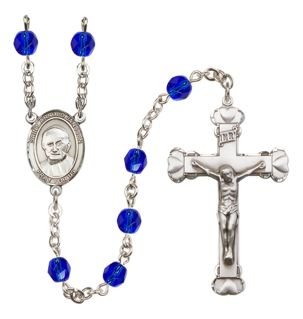 Bliss Silver-Plated Sapphire Crystal Saint Arnold Janssen Birthstone Heart Rosary,