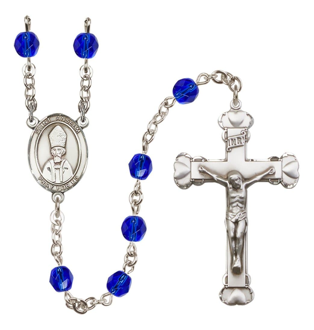 Bliss Silver-Plated Sapphire Crystal Saint Anselm of Canterbury Birthstone Heart Rosary,