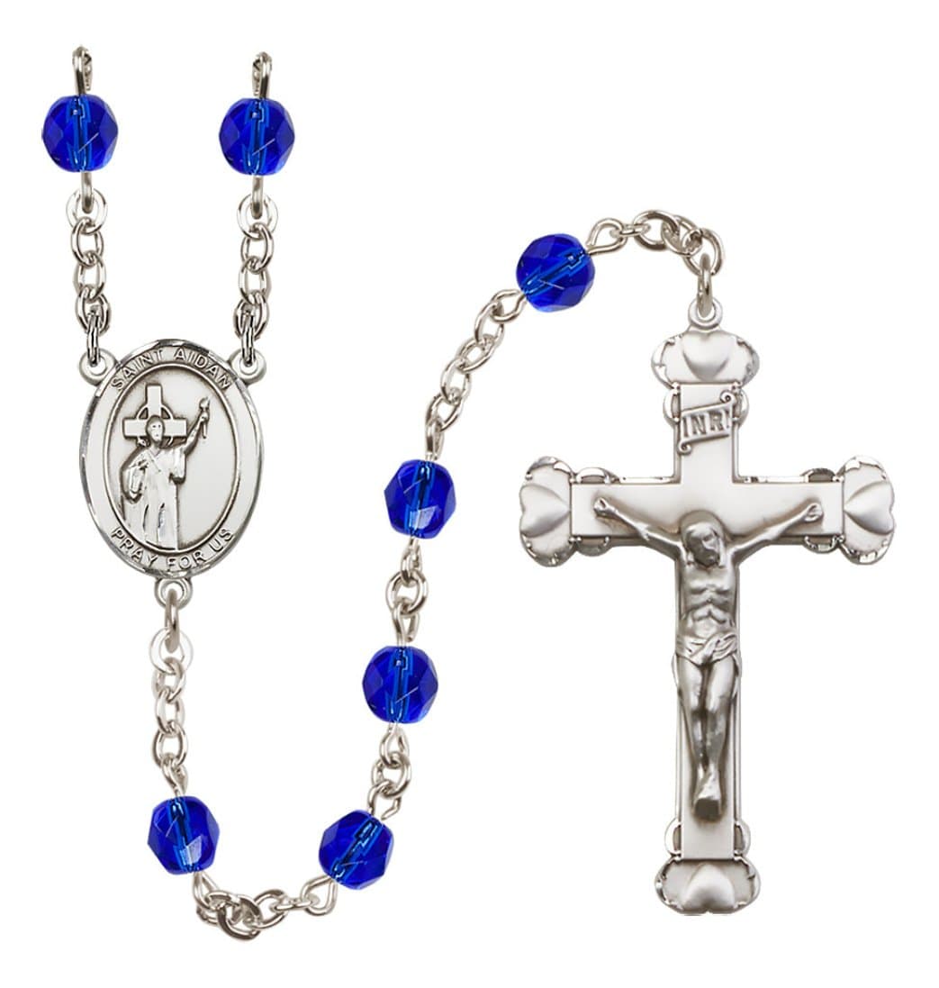 Bliss Silver-Plated Sapphire Crystal St Aidan of Lindesfarne Birthstone Heart Rosary,