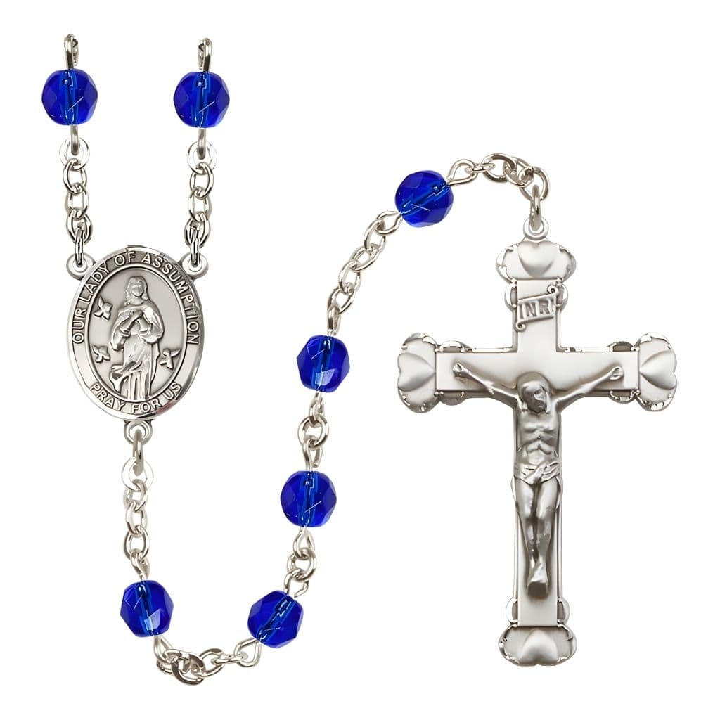 Our Lady of Assumption Engraved Birthstone 6mm Sapphire Fire Polished Silver-plated Rosary with Pewter Centerpiece and Heart Tip Crucifix