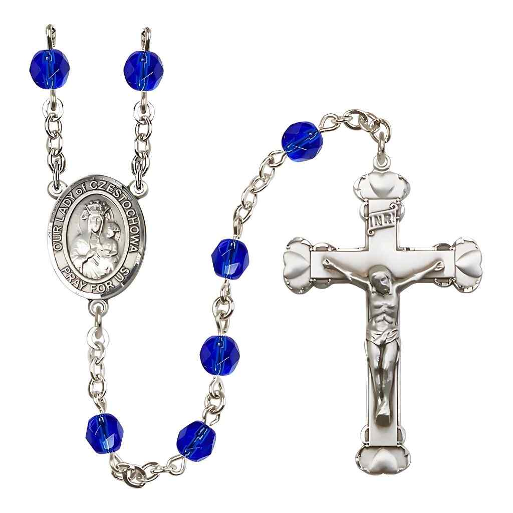 Our Lady of Czestochowa Rosary with Pewter Heart Tip Crucifix and Centerpiece, Birthstone 6mm Fire Polished Sapphire Beads for September