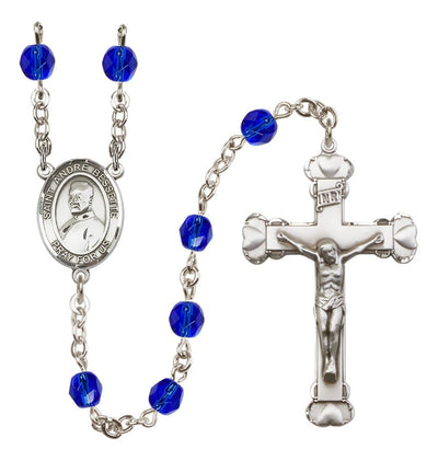 St. Andre Bessette Rosary with Pewter Heart Crucifix and Centerpiece, Birthstone 6mm Fire Polished Sapphire Beads for September, Bliss Manufacturing