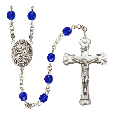 Our Lady of the Precious Blood Rosary with Pewter Heart Crucifix and Centerpiece, Birthstone 6mm Fire Polished Sapphire Beads for September