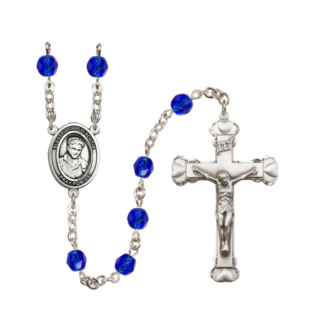 Bliss Silver-Plated Sapphire/Sep Crystal Blessed Carlo Acutis Birthstone Heart Rosary,