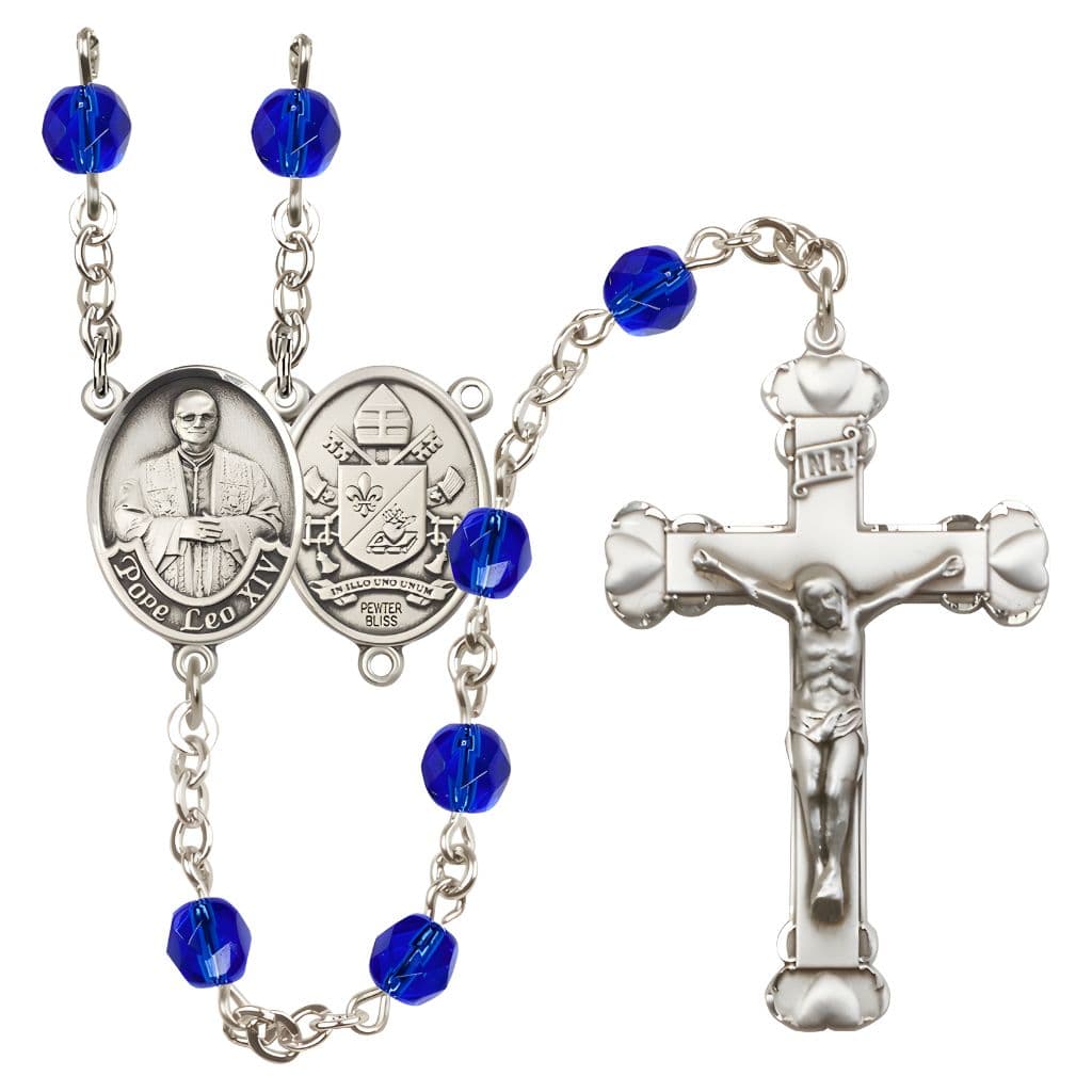 Bliss Pope Leo XIV Birthstone Engravable Rosary with Pewter Center and Heart  Edge Crucifix, 6mm Fire Polished Beads in Sapphire for December
