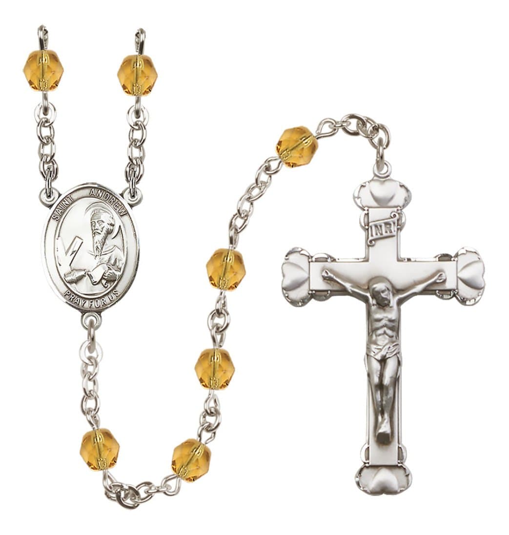 Bliss Silver-Plated Topaz Crystal St Andrew the Apostle Birthstone Heart Rosary,