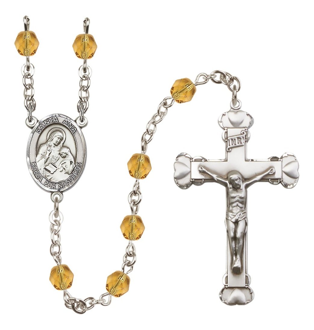 Bliss Nov Topaz Silver-Plated Crystal Santa Ana Birthstone Heart Rosary,