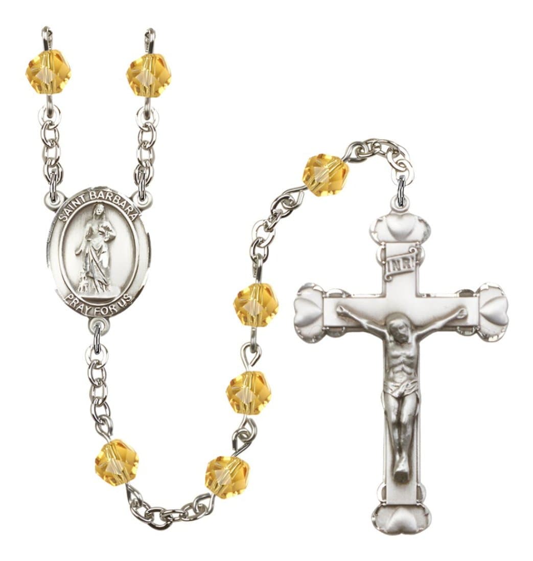 Bliss Nov Topaz Silver-Plated Crystal St Barbara Birthstone Heart Rosary,