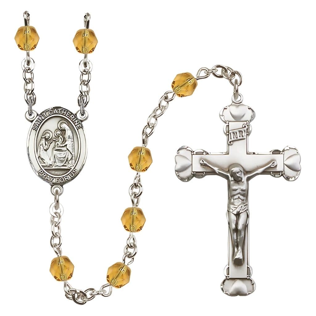 St. Catherine of Siena Rosary with Pewter Heart Crucifix and Centerpiece, Birthstone 6mm Fire Polished Topaz Beads for November, Bliss Manufacturing