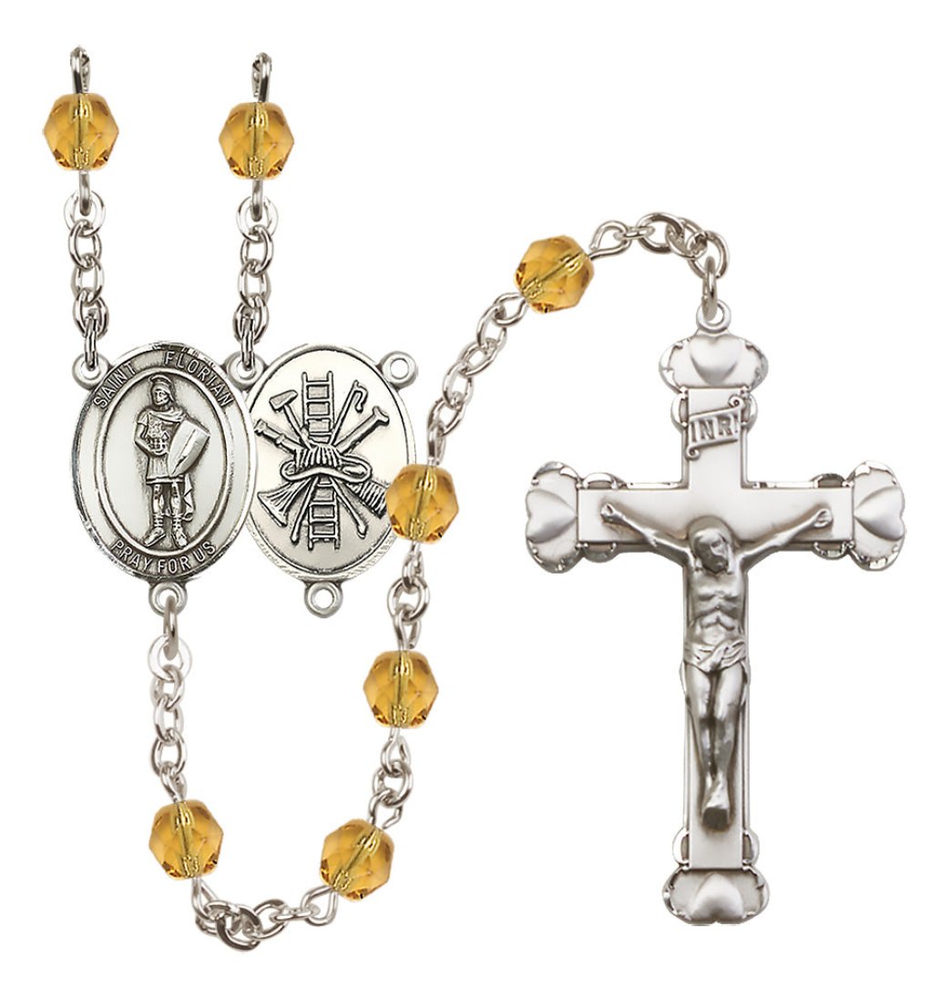 Bliss St Florian Firefighter Birthstone Crystal Silver-plated Heart Tip Rosary in Topaz November Birthstone,