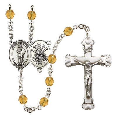 St Florian Firefighter Birthstone Crystal Silver-plated Heart Tip Rosary in Topaz November Birthstone, Bliss Manufacturing