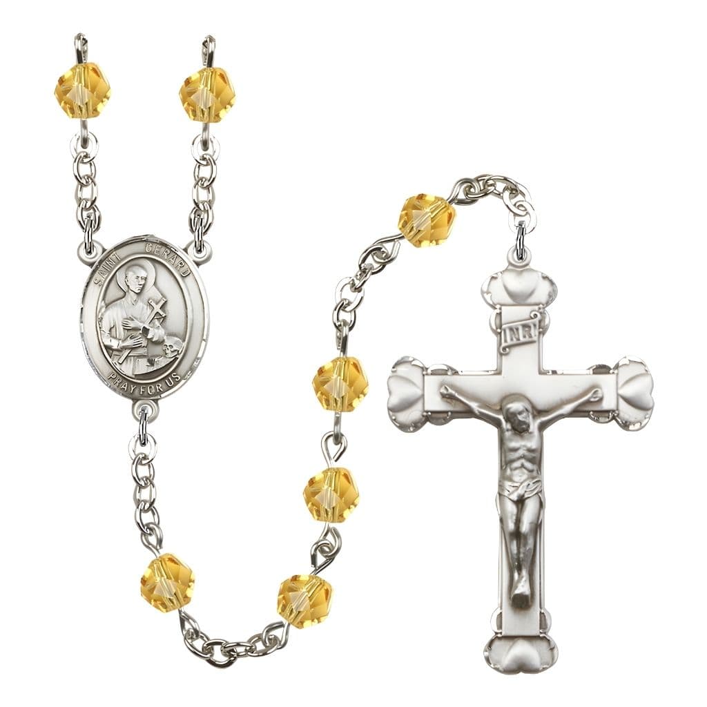 Bliss St. Gerard Majella Engravable Rosary with Pewter Crucifix Heart and Centerpiece, Birthstone 6mm Fire Polished Topaz Beads for November