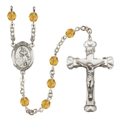 St. Joan of Arc Rosary with Pewter Heart Crucifix and Centerpiece, Birthstone 6mm Fire Polished Topaz Beads for November, Bliss Manufacturing