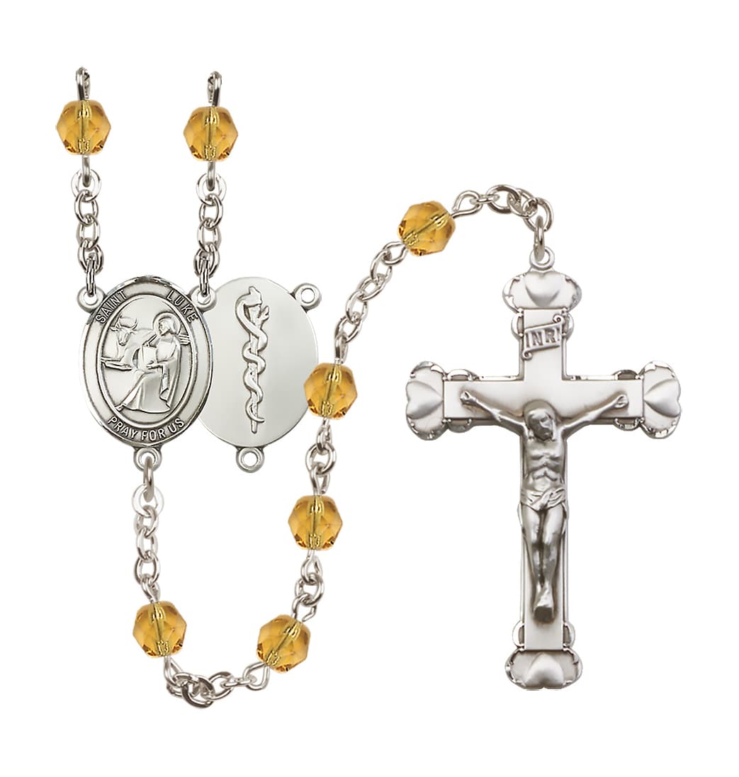 Bliss St Luke Doctor Birthstone Crystal Heart Tip Rosary in Topaz/Nov,