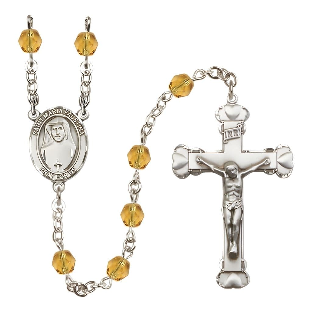 Bliss St. Maria Faustina Birthstone Engravable Heart Edge Rosary with Fire Polished Topaz Beads,