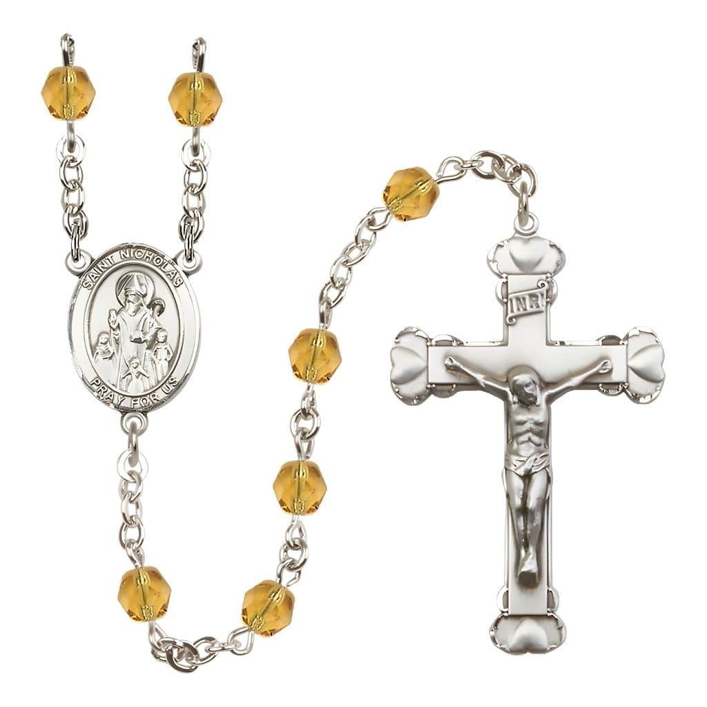 Bliss St. Nicholas Engravable Rosary with Pewter Centerpiece and Heart Crucifix, November Birthstone 6mm Topaz Fire Polish Beads