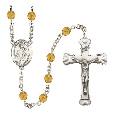St. Nicholas Engravable Rosary with Pewter Centerpiece and Heart Crucifix, November Birthstone 6mm Topaz Fire Polish Beads, Bliss Manufacturing