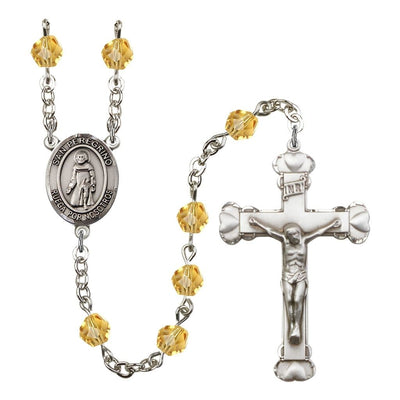 Spanish San Peregrino Rosary with Pewter Heart Crucifix and Centerpiece, Birthstone 6mm Fire Polished Topaz Beads for November, Bliss Manufacturing