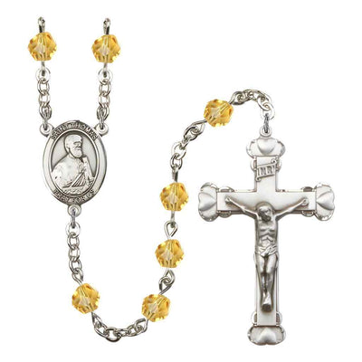 St. Thomas the Apostle Rosary with Pewter Heart Crucifix and Centerpiece, Birthstone 6mm Fire Polished Topaz Beads for November