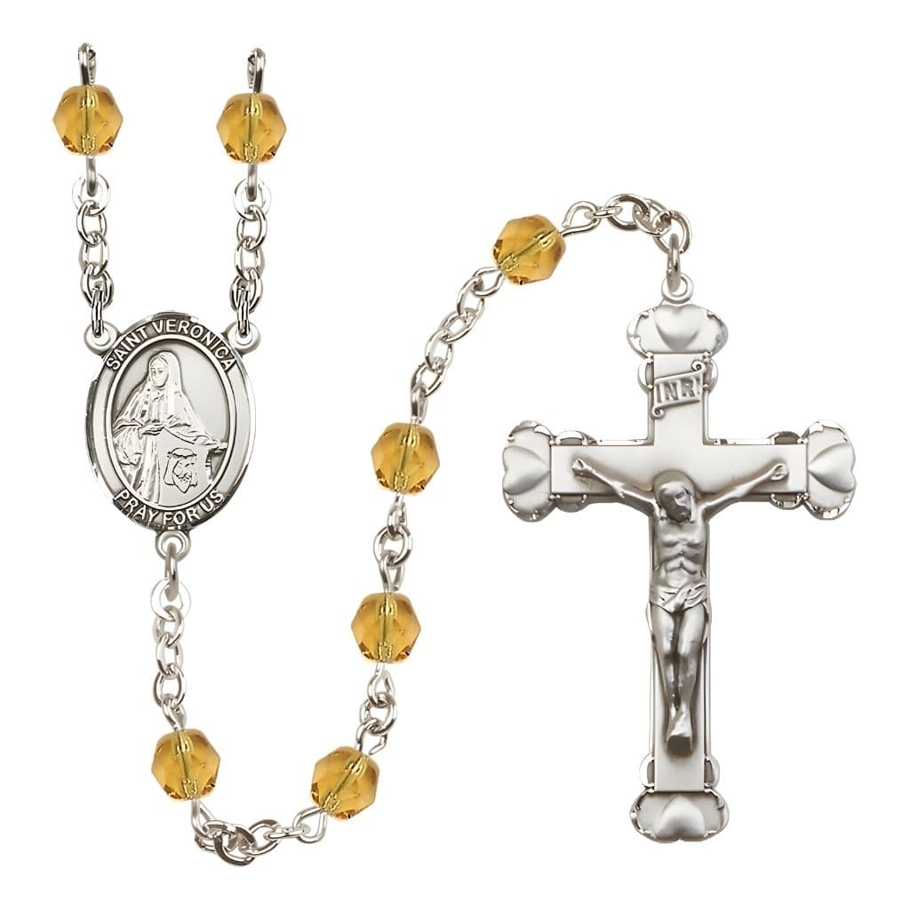 Bliss St. Veronica Rosary with Pewter Heart Crucifix and Centerpiece, Birthstone 6mm Fire Polished Topaz Beads for November
