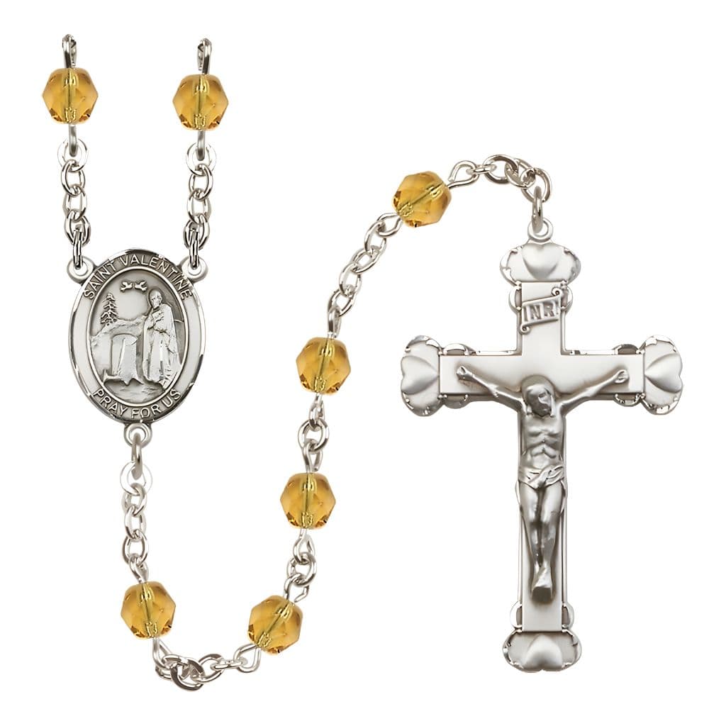 Bliss St. Valentine of Rome Rosary with Pewter Heart Crucifix and Centerpiece, Birthstone 6mm Fire Polished Topaz Beads for November