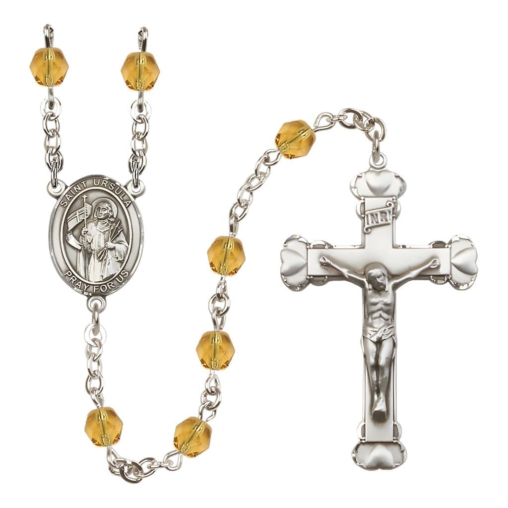 Bliss St. Ursula Rosary with Pewter Heart Crucifix and Centerpiece, Birthstone 6mm Fire Polished Topaz Beads for November