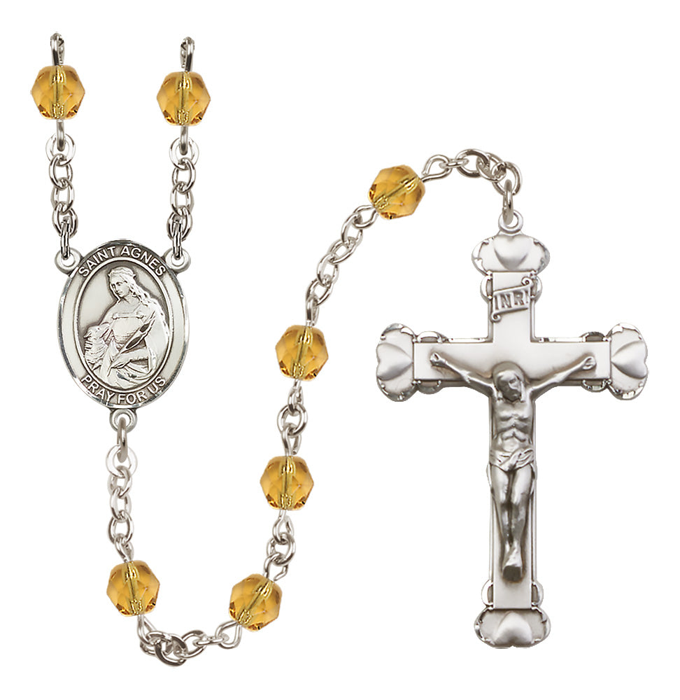 Bliss Silver-Plated Crystal St Agnes of Rome Birthstone Heart Rosary in Topaz,