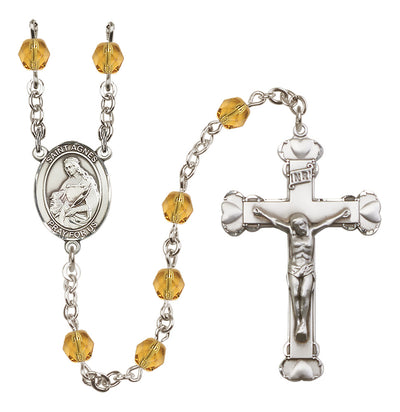 Silver-Plated Crystal St Agnes of Rome Birthstone Heart Rosary in Topaz, Bliss Manufacturing