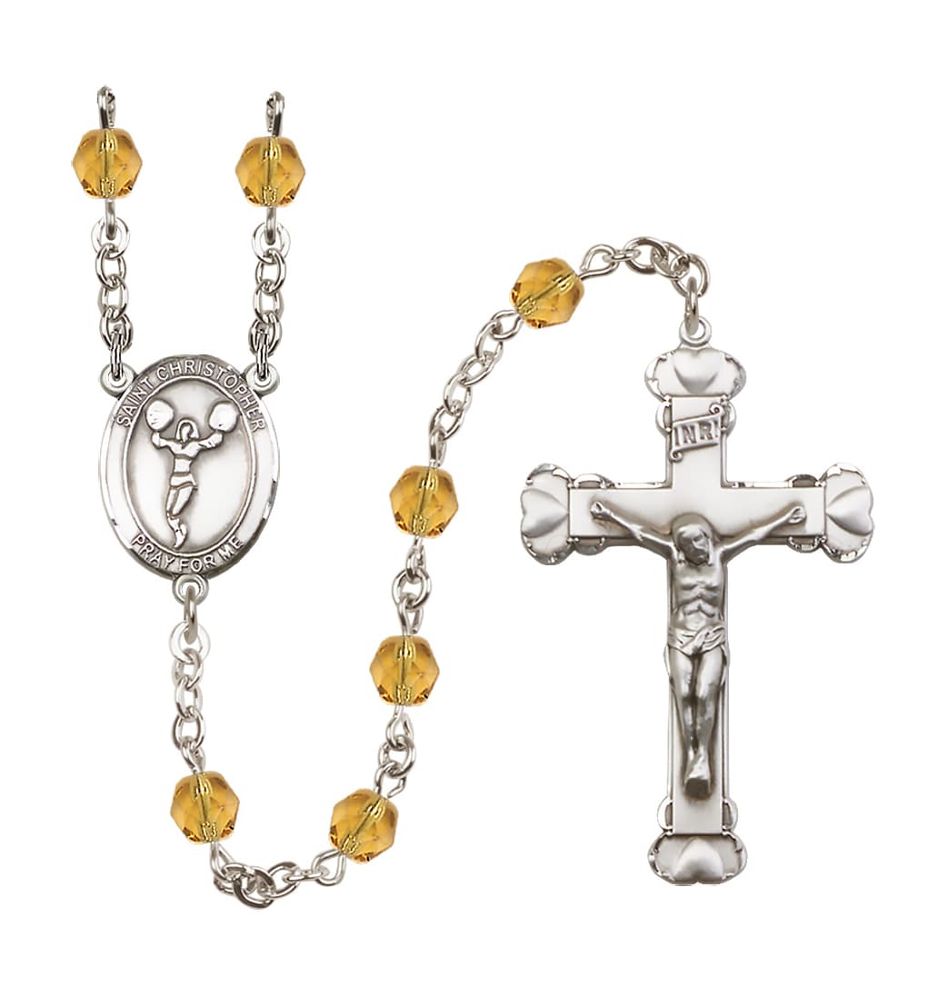 Bliss St Christopher Cheerleading Nov/Topaz 6mm Fire Polished Heart Rosary