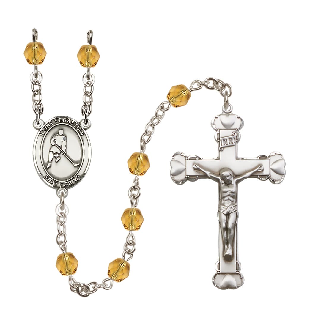 Bliss Nov/Topaz Heart St Sebastian Ice Hockey 6mm Fire Polished Rosary,