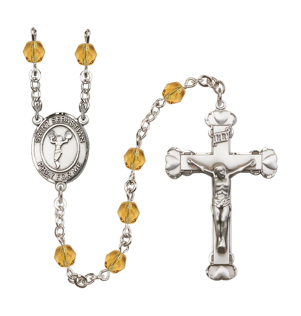 Bliss November Topaz Crystal St Sebastian Cheerleading 6mm Fire Polished Heart Crucifix Rosary,