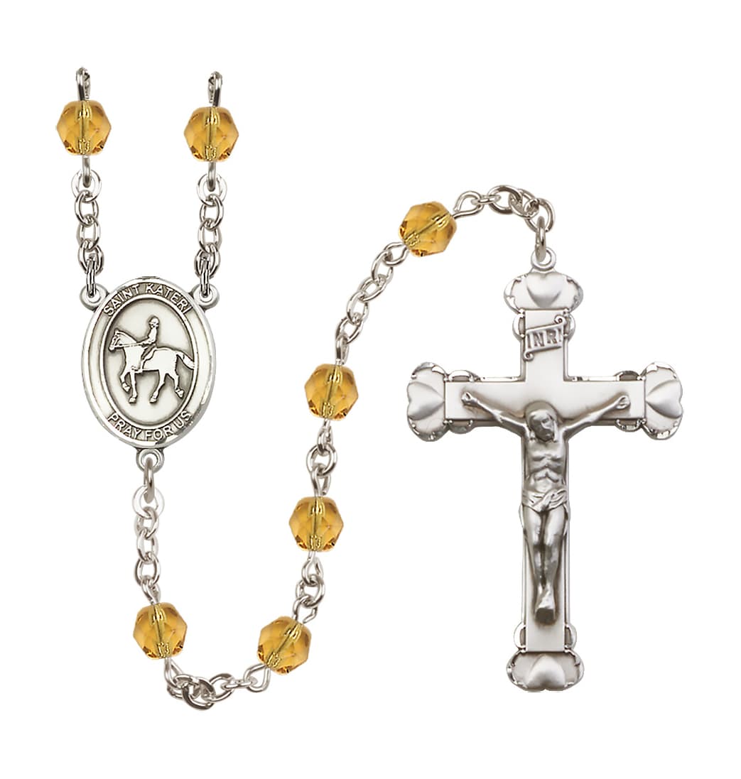 Bliss Birthstone Heart St Kateri Equestrian Topaz/Nov 6mm Fire Polished Rosary,