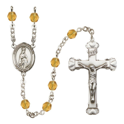 Our Lady of Fatimas Rosary with Pewter Heart Crucifix and Centerpiece, Birthstone 6mm Fire Polished Topaz Beads for November, Bliss Manufacturing