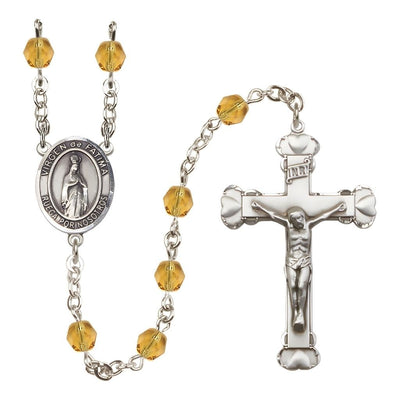 Spanish Virgen de Fatimas Rosary with Pewter Heart Crucifix and Centerpiece, Birthstone 6mm Fire Polished Topaz Beads for November, Bliss Manufacturing