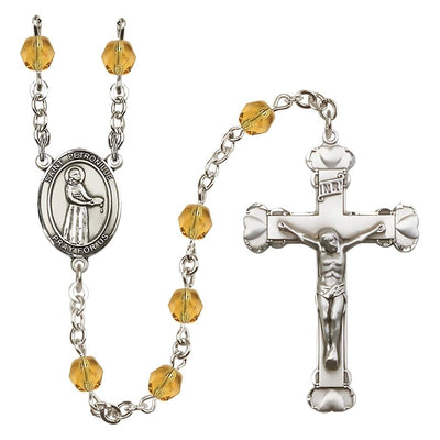 St. Petronille Rosary with Pewter Heart Crucifix and Centerpiece, Birthstone 6mm Fire Polished Topaz Beads for November, Bliss Manufacturing