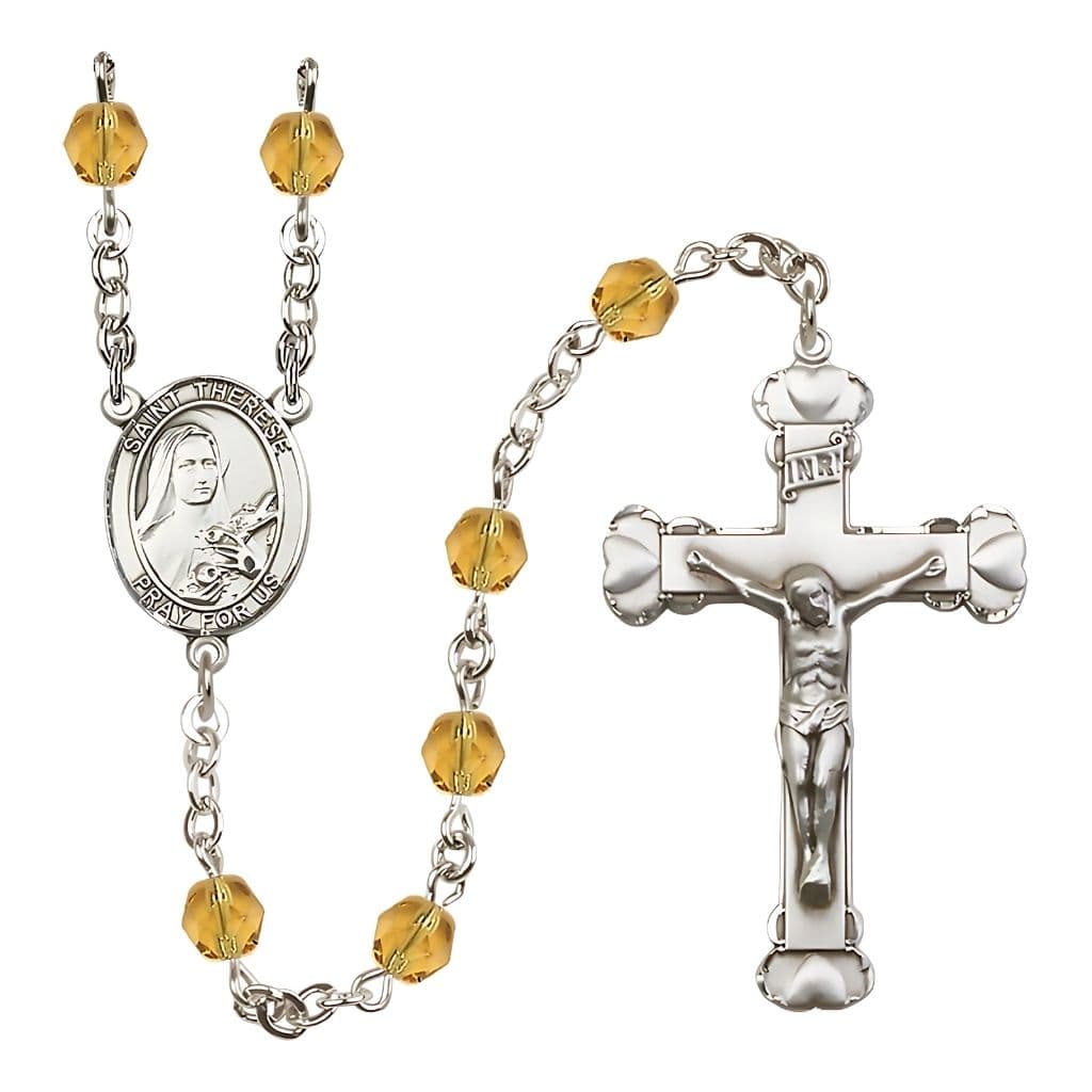 Bliss St. Therese of Lisieux Birthstone 6mm Topaz Fire Polished Rosary with Pewter Crucifix and Centerpiece