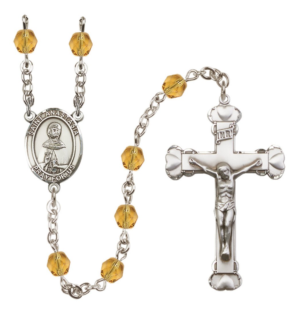 Bliss Silver-Plated Topaz Crystal Saint Anastasia Birthstone Heart Rosary,