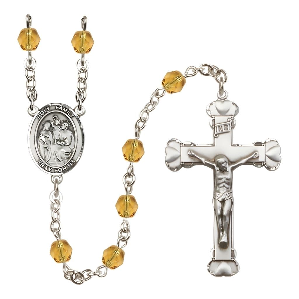 Bliss Holy Family Engravable Rosary with Pewter Heart Crucifix and Centerpiece, Birthstone 6mm Fire Polished Topaz Beads for November