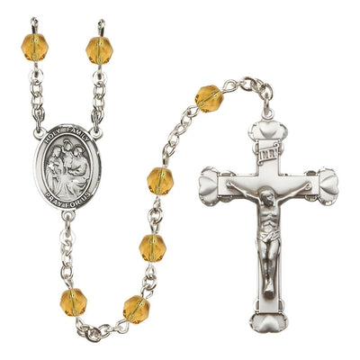 Holy Family Engravable Rosary with Pewter Heart Crucifix and Centerpiece, Birthstone 6mm Fire Polished Topaz Beads for November, Bliss Manufacturing