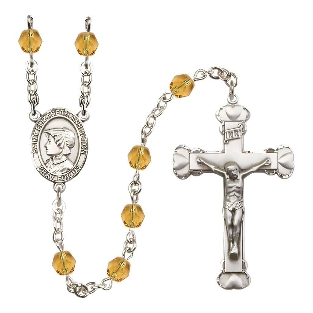 Bliss St. Elizabeth Ann Seton Rosary with Pewter Heart Crucifix and Centerpiece, Birthstone 6mm Fire Polished Topaz Beads for November
